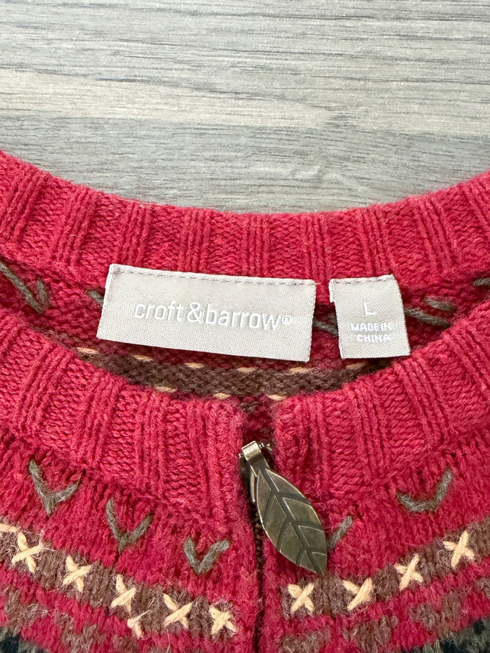 croft & barrow Medium Red Zip-Front Autumn Fall Sweater Cardigan with Leaves - Picture 4 of 5